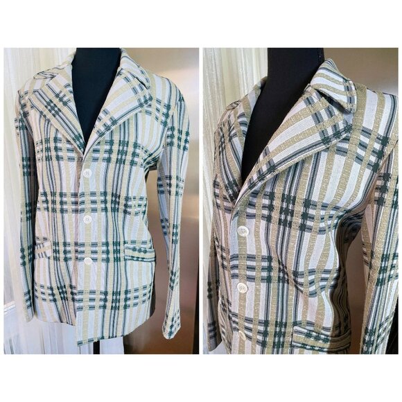 Vintage 70s jacket, unisex green plaid blazer, gender neutral fashion, (S/M) - Picture 2 of 10